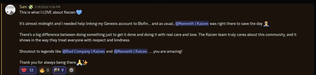Sam calling out the Kaizen team for helping at midnight linking accounts.